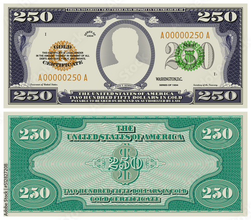 Vectoe fictional obverse and reverse of a gold certificate with a face value of 250 dollars. US paper money. Kennedy