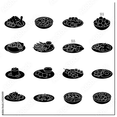 Afro-Caribbean food glyph icons set. Traditional dishes. Oktail, ewa rira, meat pie, akara and ogi. Local food concept.Filled flat signs. Isolated silhouette vector illustrations
