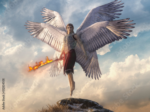 A Seraph flies just above a rock before the cloud filled heavens. It holds a flaming sword and wears armor. The Seraphim are a six winged angel of Judaism, Christianity, and Islam. 3D Rendering