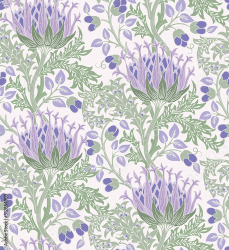 Floral seamless pattern with big violet flowers and green foliage on light background. Pastel colors. Vector illustration.