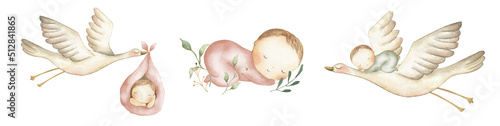Baby watercolor illustration stork newborn girl boy