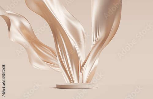 3D display podium, beige background with pedestal and flying nude color silk cloth curtain.Nature wind. Beauty, cosmetic product presentation stand. Luxury feminine template 3d render advertisement