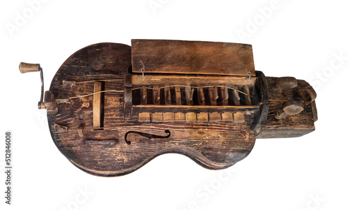 antique wooden hurdy-gurdy cutout on white