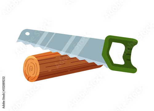 Hand saw sawing a tree. Cutting wood and logging wood industry concept. Isolated vector illustration in flat cartoon style.