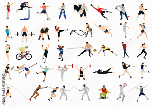 set of illustration of different professional sportspersons, fit people in action
