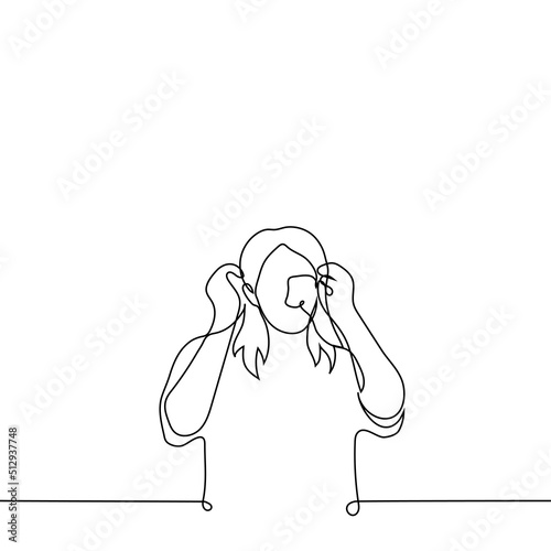 person with long hair removes interfering strands behind ears - one line drawing vector. concept man or woman with flowing hair touches her hair