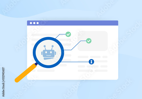 Indexed or Non-Indexed pages concept. Search robots crawl the website and find pages to add to the database of web pages. Vector illustration in flat design