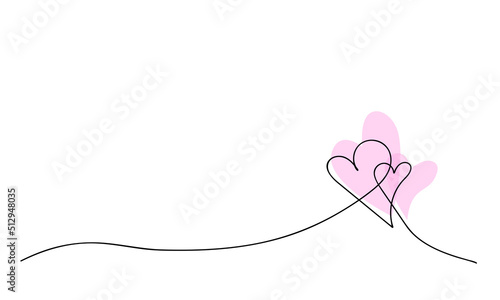 Two pink hearts with watercolor spots. Valentine's day. Continuous line drawing. Holiday card, romantic, wedding design elements. Symbol of love.