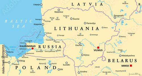 Lithuania and Kaliningrad, political map, with capitals and most important cities. Republic of Lithuania, a country in the Baltic region of Europe, and Kaliningrad Oblast, a federal subject of Russia.
