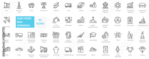 Simple set vector line icons related to sanctions, ban, embargo, boycott and another restrictions. Vector illustration 