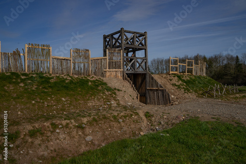 View of an antique wooden Roman fort built in North Wales on a sunny day