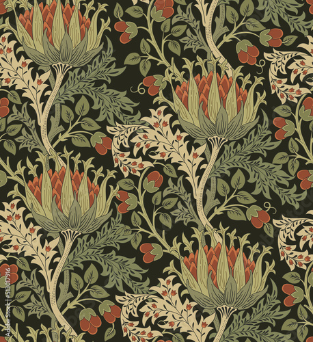 Floral seamless pattern with big flowers and foliage on dark background. Vector illustration.
