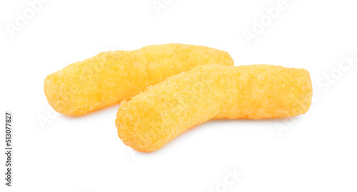 Two tasty cheesy corn puffs isolated on white