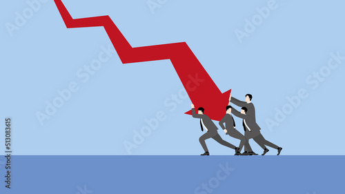 A minimal style of a red down graph of the financial crisis, economic downturn, inflation, recession, failure, bankruptcy, and crisis concept. Businessmen team push a decrease business chart diagram.