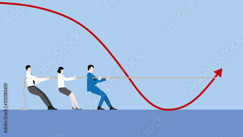 A minimal style of a red down chart of the financial crisis, economic downturn, inflation, recession, bankruptcy concept. A business team with a leader pulling a tug of war to change graph direction.