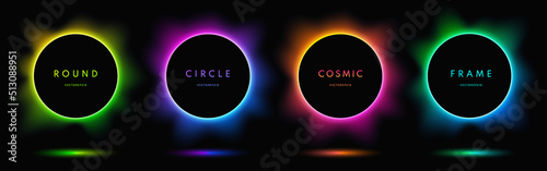 Blue, red-purple, green illuminate light frame collection design. Abstract cosmic vibrant color circle border. Top view futuristic style. Set of glowing neon lighting isolated on black background.
