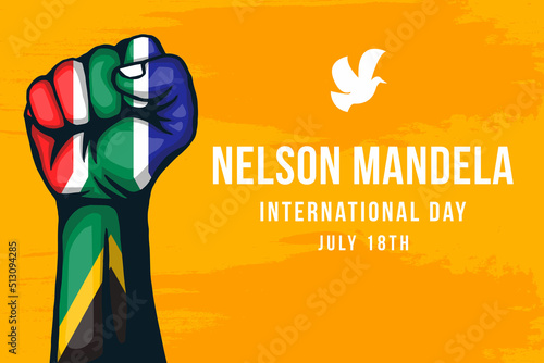 nelson mandela international day background illustration with hand color of south africa flag