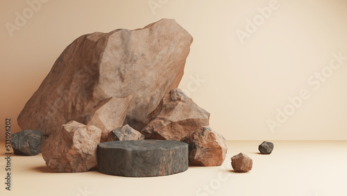 Mars rock group copper and black arid platform podium surface texture rough masculine men male concept raw stone stand advertisement display product backdrop mountain rock volcanic. 3D Illustration.