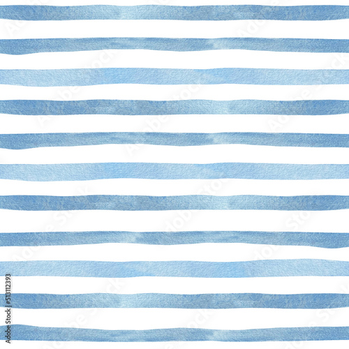 Watercolor blue stripes on white background. Nautical marine bac