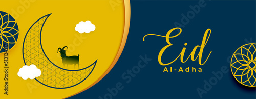creative eid al adha mubarak with crescent moon and goat in arabic floral style