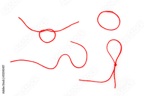 Abstract shapes by woolen red thread, rope isolated on white, top view