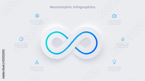 Neumorphic infinity infographic. Business data visualization with 6 steps. Concept of development process.