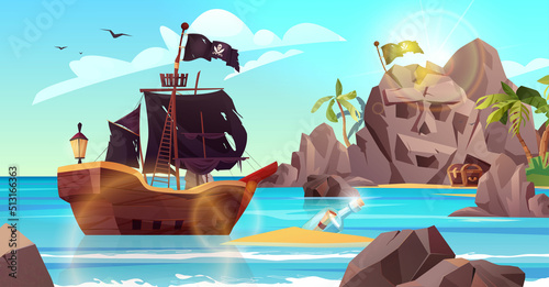 Rocky island with pirate ship, flag and palm trees in the ocean. Bottle with paper message in it. Cartoon vector illustration