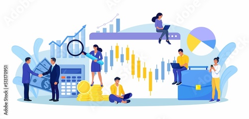 Global stock exchanges index. Forex trading. Trading strategy. Businessmen buy and sell cryptocurrency, stocks, bonds. People analyzing candlestick chart of the stock market, financial graphs