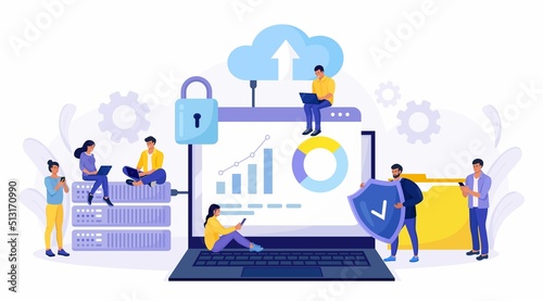 IT specialists administrate cloud service, data storage. Hosting platform. Big data processing, transferring. Online computing technology. Software solutions to share informations on digital network