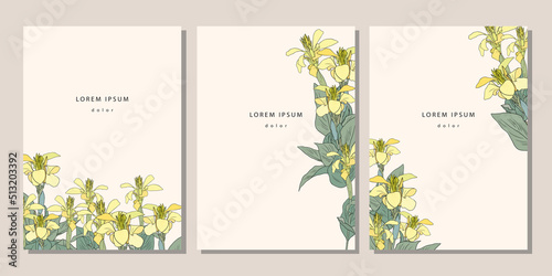 Set of templates with yellow canna lily. Covers, posters with floral pattern elements