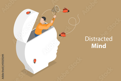 3D Isometric Flat Vector Conceptual Illustration of Distracted Mind, ADHD Attention Disorder