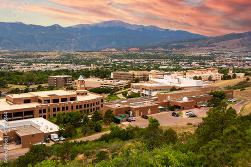 The University of Colorado Colorado Springs Campus During the Day with Pikes Peak and the Rocky Mountains in the Background
