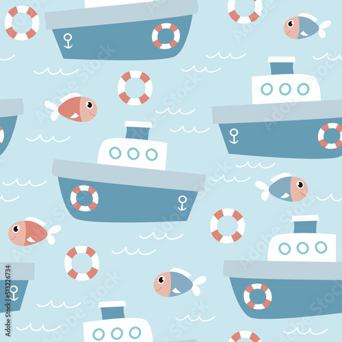  Seamless pattern with boats and fish on blue background. Vector illustration. It can be used for wallpapers, wrapping, cards, patterns for clothes and other. 