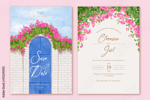 Set of wedding invitation with hand drawn watercolor spring pink bougainvillea flower Santorini background