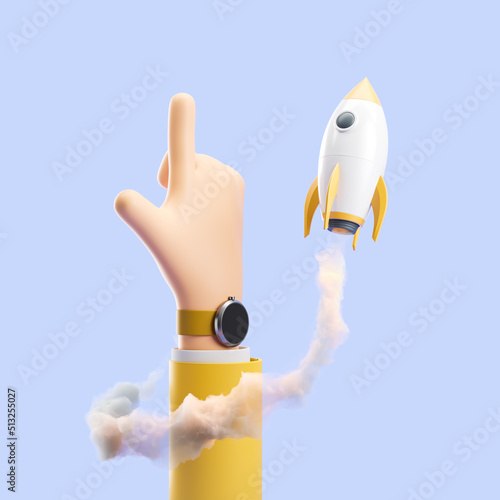Cartoon hand and rocket take off, idea and success
