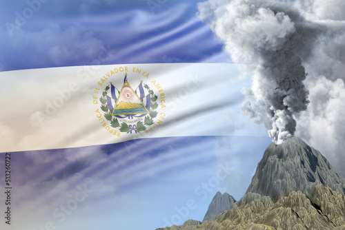 conical volcano blast eruption at day time with white smoke on El Salvador flag background, problems of natural disaster and volcanic ash concept - 3D illustration of nature