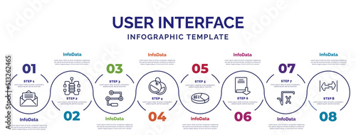 infographic template with icons and 8 options or steps. infographic for user interface concept. included open mail, flow chart interface, labels, percentage chart, download ebook, square root, width