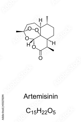 Artemisinin, chemical formula and structure. Drug, extracted from sweet wormwood, Artemisia annua, a herb employed in Traditional Chinese Medicine. Treatment of malarial and parasitic worm infections.