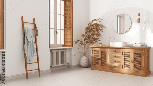 Vintage bathroom in white tones, rattan wooden washbasin, chest of drawers, mirror, towel rack and decor. Parquet and window with shutters. Modern interior design