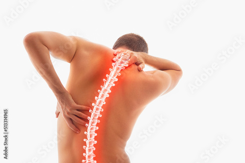 Back pain, male body torso back view, human spine illustration