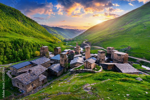 Ushguli village at sunset in Svaneti, Georgia.