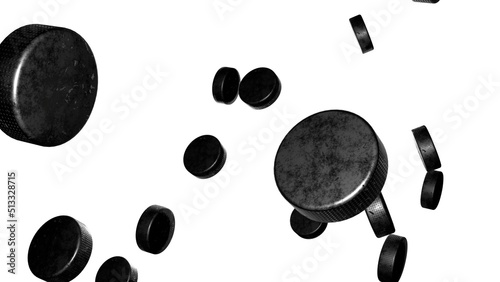 Many hockey pucks on white background. Hockey sport concept. 