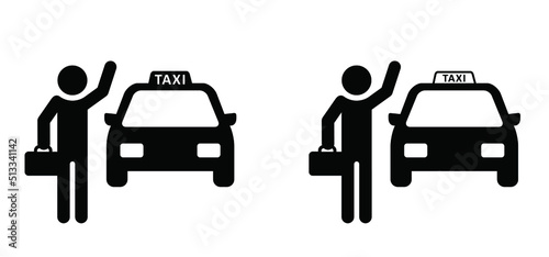 Passenger waving taxi. Stickman, stick figure wait for a taxi. Waiting for taxis or man hailing taxi. Businessman or businessmen walking towards taxi.