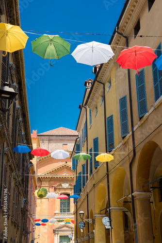 Umbrellas installation on the streets of Modena, Italy.