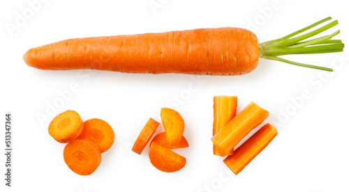 Carrots and sliced pieces on a white background. Top view set.