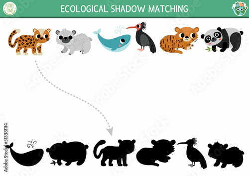 Ecological shadow matching activity with endangered species. Earth day puzzle. Find correct silhouette printable worksheet or game. Eco awareness page for kids with extinct animals.