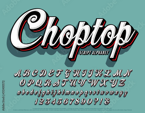 Choptop is a unique layered script alphabet with flat tops on the lowercase letters, as well as shadow and highlight effects.