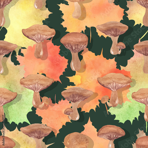 watercolor mushrooms and autumn leaves vector seamless pattern