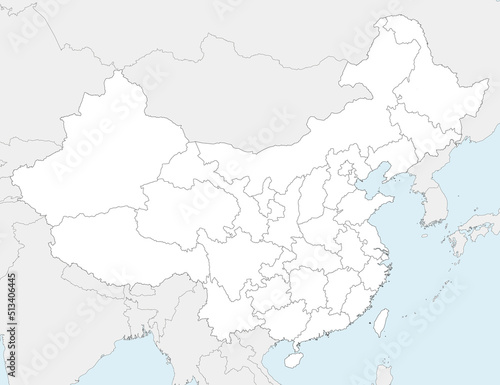 Vector blank map of China with provinces, regions and administrative divisions, and neighbouring countries. Editable and clearly labeled layers.