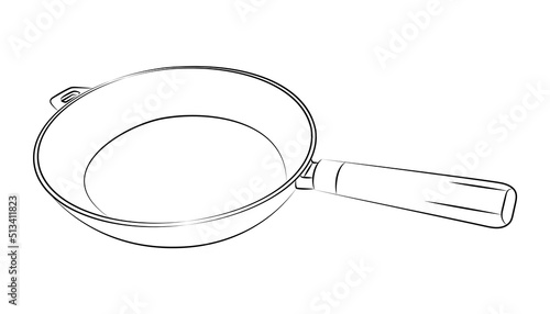 Round deep frying pan. Cast iron skillet with wooden handle. Ecological and safe cooking utensils. Use for menu design in restaurant, cafe. Sketch, linear contour drawing in minimalist style